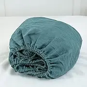 S VICTORY SYMBOL 100% Organic Linen Fitted Sheet Only 1 Piece Queen Size with Elastic All Around - Fits Mattress Upto 16inches,Stone Washed French Flax Deep Pocket Mattress Cover,Mineral Blue