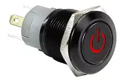3/4" Black Stainless Steel Power Switch w Red LED Light Latching Button 19mm 12V