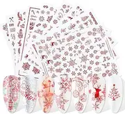 Christmas 3D Nail Art Stickers Laser Xmas Nail Decals Snowflake Elk Leaf Snowman Santa Tree Candy Winter Slider Self Adhesive Nail Stickers New Year Charms Nail Supplies DIY Decorations 9 Sheets Red