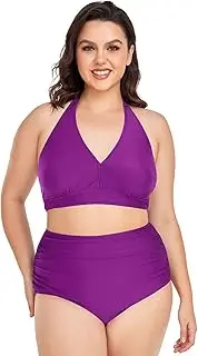 [Caihoyu] Plus Size Bikini for Ladies Tummy Control Bathing Suits High Waisted Bikini Swimwear Purple Solid Color Pure Plain L