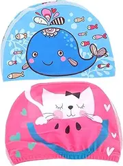 BESPORTBLE 2pcs Boys and Girls Swim Caps Ear Protection Cartoon Dolphins Cats Print Soft Comfortable Lightweight Portable