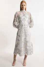 Petite Baroque Organdie Applique Buttoned Woven Maxi Dress