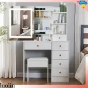 Makeup Vanity Desk Stool Set with LED Sliding Mirror Dressing Table & 6 Drawers