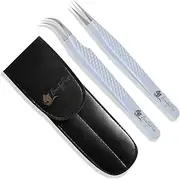 Lash Extension Kit - Stainless Steel Straight & Curved Tweezer Set - Classic Tip Tweezers For Volume Lash Extension - Pack of 2 - Pink Tweezers (White)
