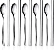 IQCWOOD Spoon and Chopsticks Set, 5 Pair Stainless Steel Metal Chopsticks Spoon