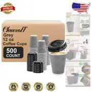 12oz Disposable Ripple Wall Coffee Cups with Lids - 500 Count, Leak-Proof Design
