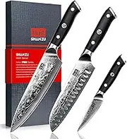 SHAN ZU Damascus Knife Set of 3 PCS, Japanese Damascus Steel 67 Layers Kitchen Knives Set High Carbon Professional Ultra-Sharp Chef Knife Set Ultra Sharp Cooking Utility Knife Set with G10 Handle