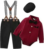 ZOEREA Baby Boy Suit Gentleman Outfit Clothes Set Infant Tuxedo Long Sleeve Dress Shirt+Suspender Pants+Bowtie+Beret Hat