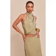 Sage Khaki Textured Woven Halterneck Top, Sage Khaki