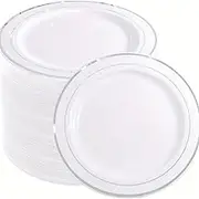 25 PCS 7.5 inch 19cm/10.25 inch 26cm Reusable White Plastic Plates-Reusable Round Plastic Plates with Gold/Silver/Rose Gold Rim-Wedding Party Plates-Meal Plates/Salad Plates (Silver,7.5 inch)