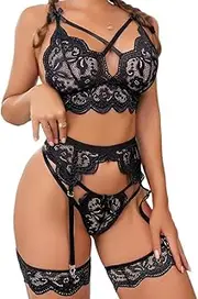 [QIMENGLAI] Women Garter Lingerie Set 4 Piece,Lace Bra and Panty Set with Garter Blet,Sexy High Waisted Bralette Lingerie Set