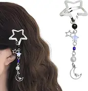 Star Snap Hair Clips Cute Hair Acceesories for Girls Cool Star Moon Hair Clips with Tassel Chain Cute Silver Metal Snap Barrettes for Women Trendy Non Slip Hair Pins for Trendy Theme Party