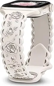 [Vamyzji] Compatible with Apple Watch Band 40mm 41mm 42mm 38mm, Cute Sport Silicone Strap for iWatch SE Series 10 9 8 7 6 5 4 3 2 1, Fancy Floral Engraved Apple Watch Bands for Women (Starlight)