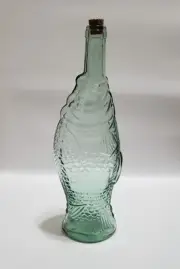Vintage Green Tint Glass Fish Bottle, Cork Stopper, 13 Inch Tall, Marked Bottom