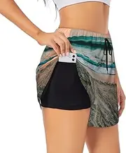 [GaxfjRu] Beach Sunset Theme Print Women's Running Shorts High Waisted Running Shorts Pocket Sporty Gym Elastic Short