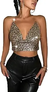 [BSLVWG] Leopard Print Tank Top Sparkly Sequins Halter Leotard Sexy Backless Deep V Neck Chain Leotard Shiny Tops