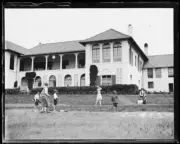 Woman & young children playing golf lawns Manly Golf Club, NSW, Dec- Old Photo