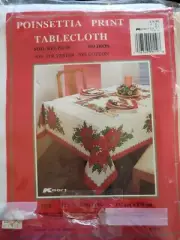 VINTAGE CHRISTMAS PRINT TABLECLOTH POINSETTIAS RIBBON BERRIES 52 x 70 KMART