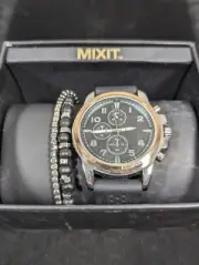 Mix It Mens Black Dial Round Case Silicone Band Watch Bracelet Combo