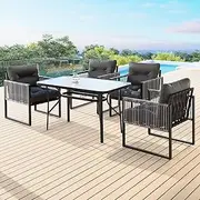 [ALFORDSON] Outdoor Patio Bistro Set 5PCs UV-Resistant Black Grey, 4X Armchairs & 120x70x70cm Dining Table Steel Frame Conversation Set, Lounge Sofa Chair & Side Coffee Table with Cushions