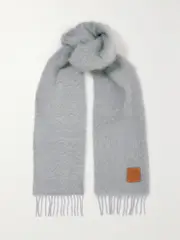 [LOEWE] LOEWE - Leather-trimmed Fringed Mohair-blend Scarf - Gray - One size One size Gray