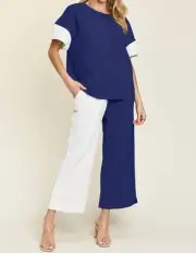 Double Take chic textured t-shirt & pants set Royal Blue