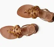 New Tory Burch Phoebe Size 9 Flat Thong Royal Tan Leather Sandals