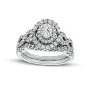 1.0 CT. T.W. Oval Natural Diamond Double Frame Twist Shank Bridal Engagement Ring Set in Solid 14K White Gold