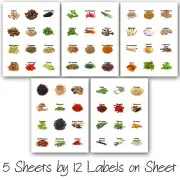 60 KITCHEN SPICES HERB ROUND JAR BOTTLES ILLUSTRATED PRINTED STICKERS LABELS