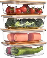 Vdomus Glass Food Storage Containers with Bamboo Lids 36.0oz/1.0L - Stackable Meal Prep Container - Airtight Glass Food Containers - Microwave, Dishwasher Safe - Reusable Lunchbox (Pack of 4)