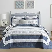 SahSahCasa 128"x120" 100% Cotton Oversized California King XL Bedspread Coverlet Quilt Set, Cal King Quilted Bedspread Extra Large Quilt, Bed Spread Lightweight Comforter, White/Dark Blue/Cream