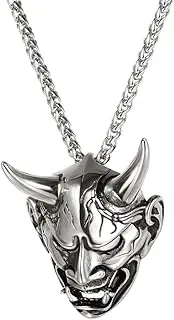 [U7] Hannya Mask Necklace, Mens Gothic Punk Pendant, Stainless Steel Silver Black Evil Demon Horn Jewelry Oni Necklaces with 22 Inch Chain, Send Gift Box