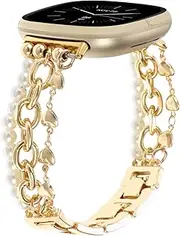 [REALSIGN] Pearl Beaded Band Compatible with Fitbit Versa 3/Versa 4/Sense/Sense 2 Bands for Women,Dressy Wristband Stylish Gold Love Shape Link Chain Cute Strap Jewelry Bracelet Girl