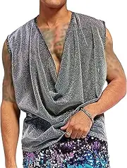 [VgueElegc] Men's Draped Collar Glitter Tanks Top Draped Collar Tank Top for Men Male Ruched Sleeveless Tank Top