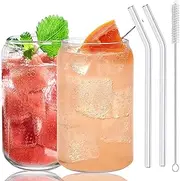 Drinking Glasses with Glass Straw 2pcs Set - 16oz Can Shaped Glass Cups, Beer Glasses, Iced Coffee Glasses, Cute Tumbler Cup, Ideal for Whiskey,Tea， Soda,Water, Gift - Cleaning Brushes (Two Packs)
