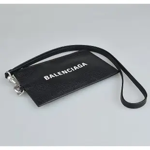 【Balenciaga 巴黎世家】經典標誌白字LOGO牛皮手拿證件零錢包(黑)