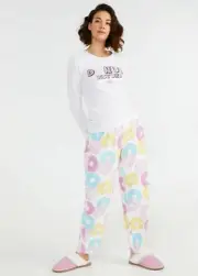 Peter Alexander Ladies Donut Disturb Pyjama Set Medium Waffle Top + Large Pants