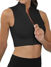 [FEOYA] Sleeveless Workout Zipper Crop Tops for Women High Neck Slim Fit Gym Yoga Athletic Zip Short Cropped Jacket Activewear