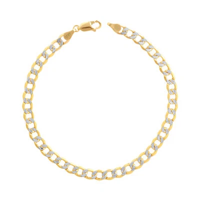 14K Yellow Gold Mens 5.5mm Diamond Cut White Pave Cuban Curb Chain Bracelet 8"