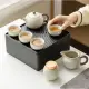 【Life shop】米黃汝窯旅行茶具套組/附皮革收納包(交換禮物 茶具 旅行茶具 泡茶 簡易泡茶 茶器套組)