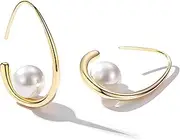 [Forrylin] 18K Plated Minimalist Pearl Hoop Earrings - Trendy Geometric Shaped Gold Pearl Earrings for Women, Fashion Jewelry