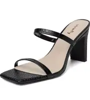 Womens Two Strap Open Toe Block Heeled Sandal Slip On Square Toe Heels