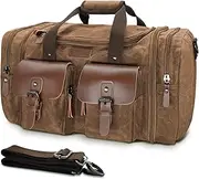 [Wildroad] 50L Travel Duffel Bag, Expandable Canvas Genuine Leather Duffle Bag Upgraded Overnight Weekender Carry on Bag, Vintage Dark Brown, X Large-60L, Classic