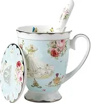TAYYSMY Delicate Tea Cup and Lid and Spoon Set Bone China Coffee Mug Print Cup 11oz Ceramic Teacups