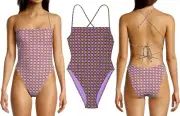Tory Burch 3D Checkered Logo Lilac Tie Back One Piece Swimsuit L XL