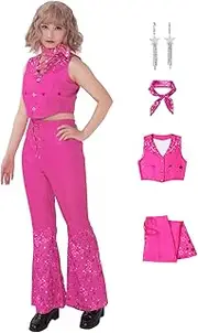 SLDFMV 4 Pcs Margot Robbie Western Pink Cowgirl Outfit Costumes for Women/Girls Disco Hippie Costume for Halloween Cosplay