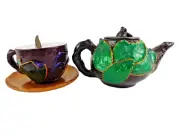 Tea Set For One Leafy Hand-Painted Applied Clay Teapot Teacup Saucer in Gift Box