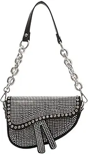 [Tekzitfuir] Rhinestone Saddle Bag Purse for Women Trendy Womens Leather Crossbody Bag Small Shoulder Handbags Satchel Hobo Bag