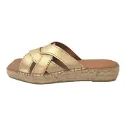Wittner Gold Leather Stitched Espadrille Slides Size EU41 AU 10 UK 8