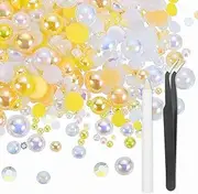 uxcell 50g Flatback Rhinestones, 3mm-10mm Mixed Rhinestones and Half Pearls with Pick Up Pen and Tweezer for Nail Art Crafts, Phone Case, Clothes DIY (Yellow/White)